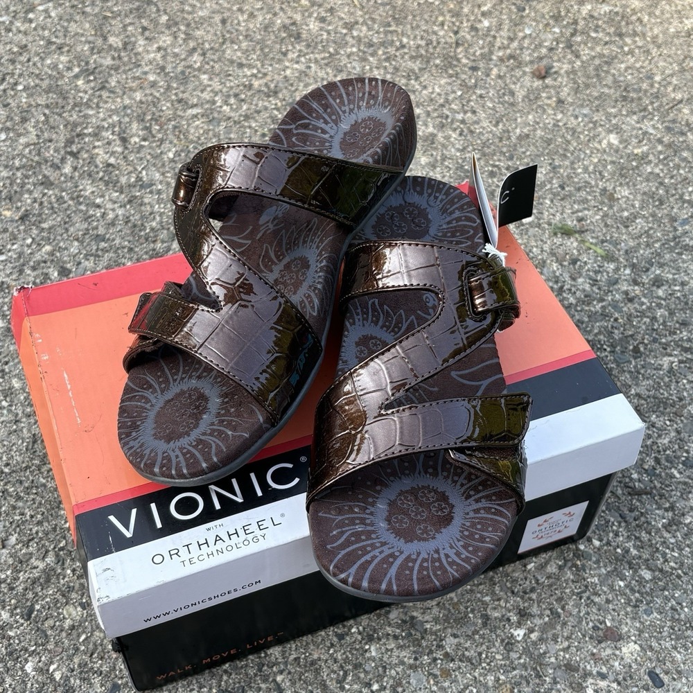New In Box Vionic Lauren Bronze Croc Slide Sandals Orthotic Comfort Size 7